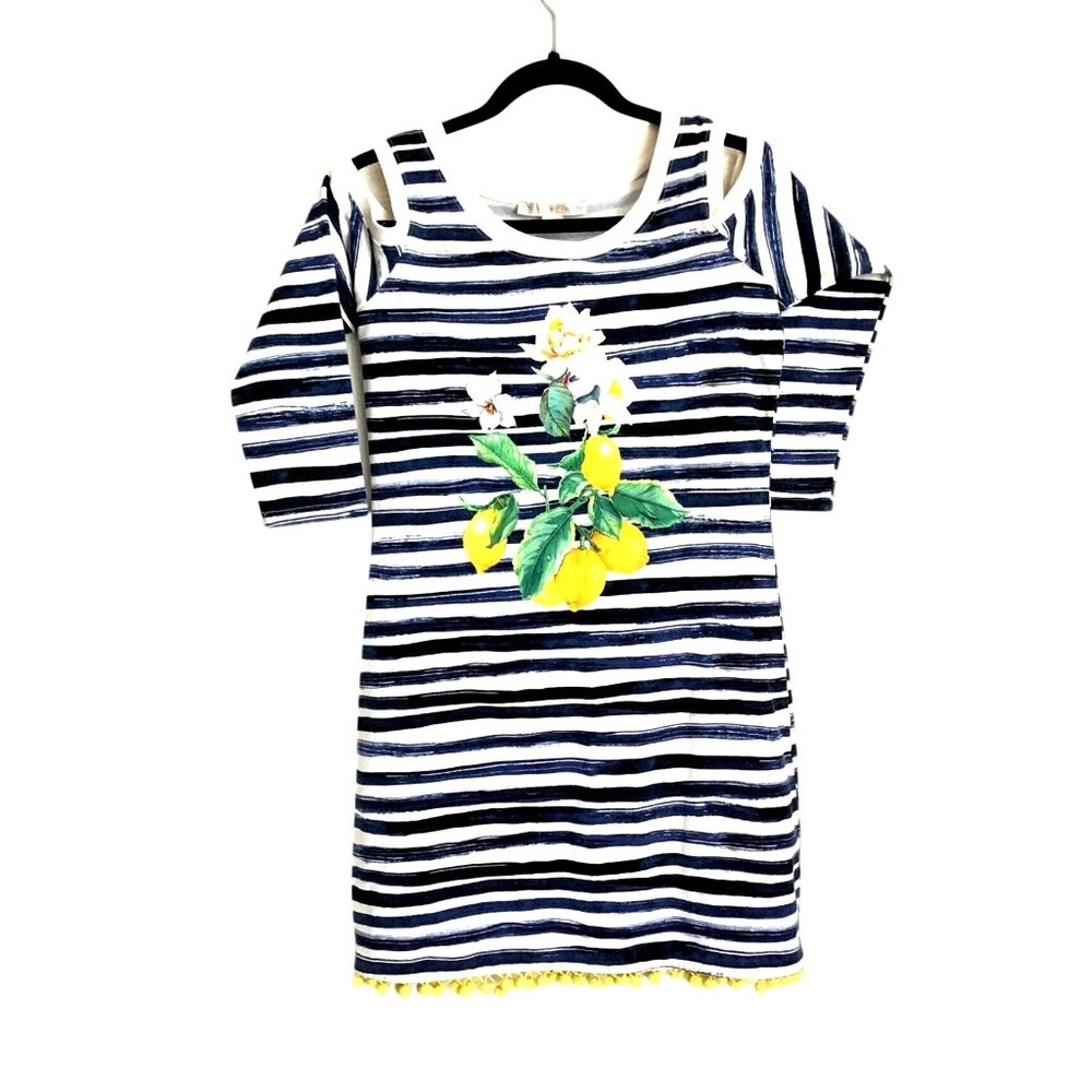 BOSTON PROPER WOMENS NAVY/WHITE/YELLOW GRAPHIC OPEN SHOULDER DRESS SIZE SMALL